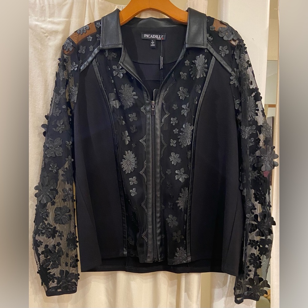 Beautiful Faux Leather Moto Jacket with Sheer/Floral Cutout Sleeves